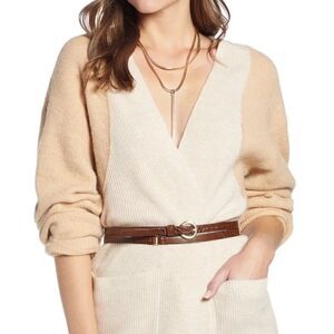 Something Navy Blocked Cardigan Beige Taupe Color Block Wool Blend Sz S